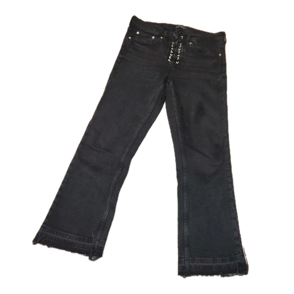 Zara Collection Black Flared Cropped Destressed Jeans Sz 4